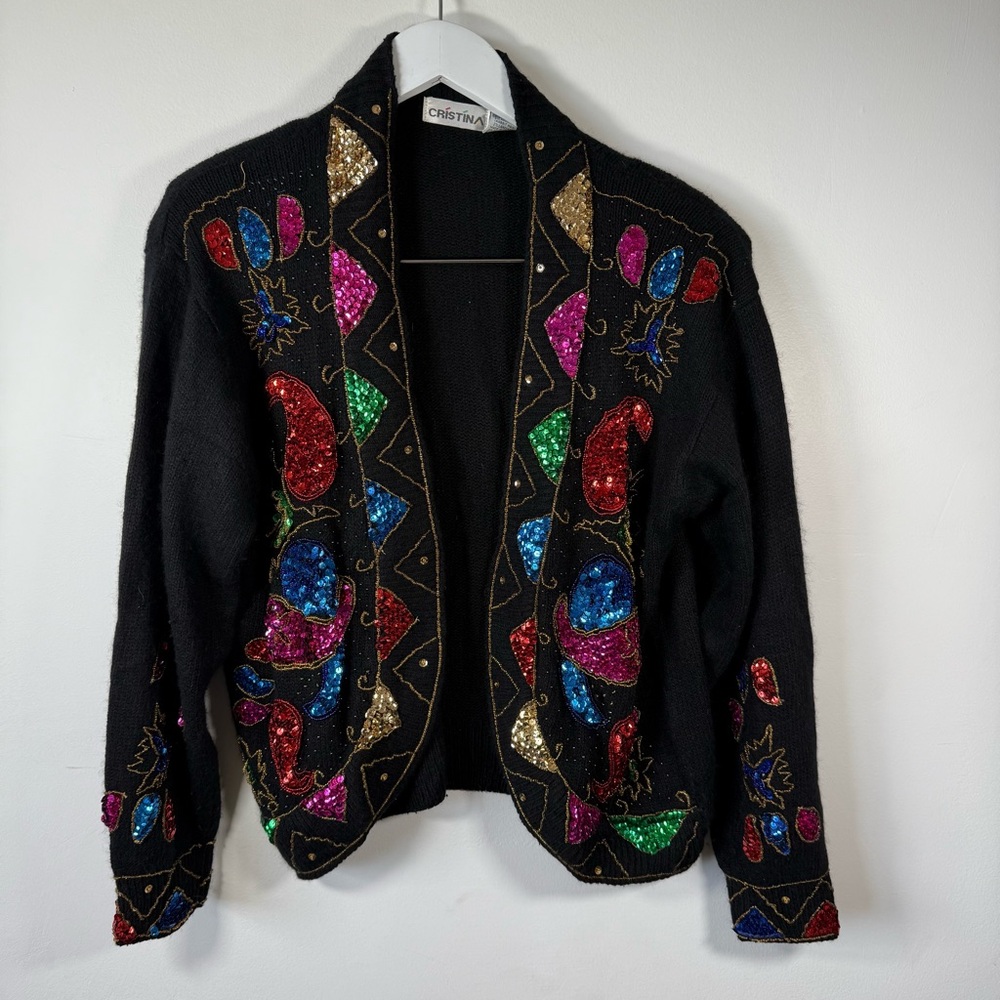 Vintage Cristina Black Sequin Beaded Silk Blend Cardigan Sweater Women’s Size L